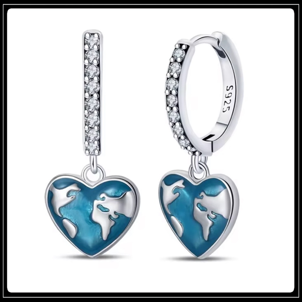 NEW 925 GAIA STERLING SILVER EARTH HEART WORLD MAP BOHO EARRINGS